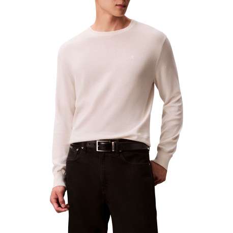 Pull en coton écru uni avec un col rond et des manches longues - Image 4