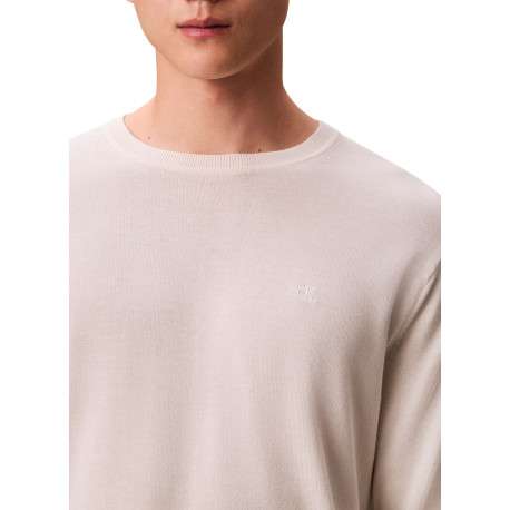 Pull en coton écru uni avec un col rond et des manches longues - Image 5
