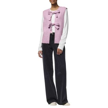 Gilet rose uni avec une coupe droite et un col rond avec liens - Image 6