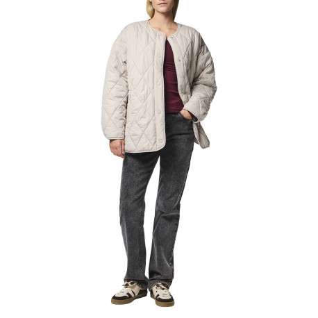 Doudoune beige unie matelassée avec une coupe droite et un col rond - Image 5