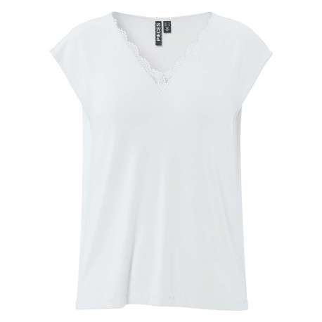 T-shirt blanc uni avec une coupe droite et un col V en dentelle