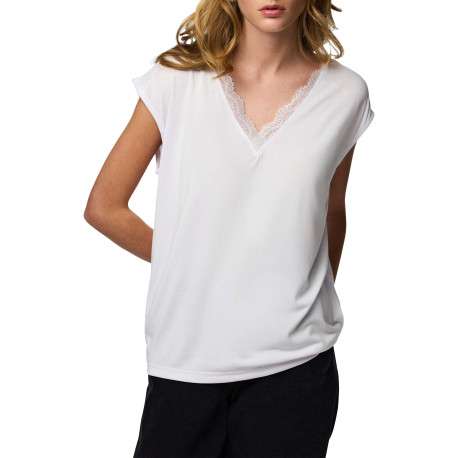 T-shirt blanc uni avec une coupe droite et un col V en dentelle - Image 6