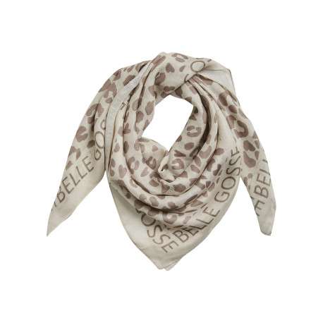 Foulard écru et taupe avec imprimés animaliers et écritures cousues