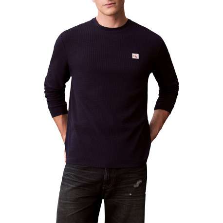 T-shirt marine uni en maille piquée avec une coupe ajustée et un col rond - Image 2