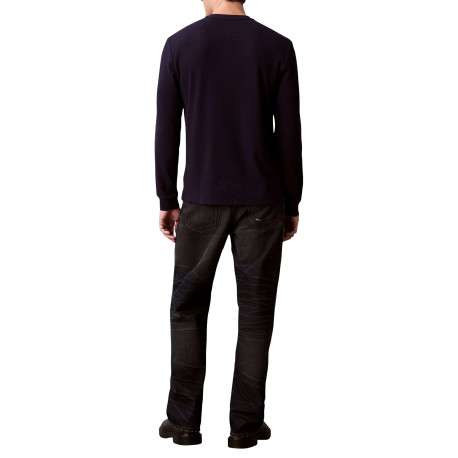 T-shirt marine uni en maille piquée avec une coupe ajustée et un col rond - Image 3