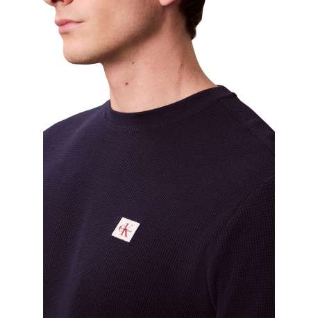 T-shirt marine uni en maille piquée avec une coupe ajustée et un col rond - Image 5