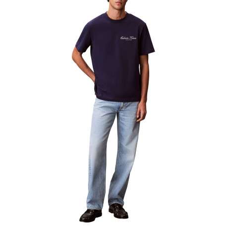 T-shirt en coton marine uni avec une coupe droite et un col rond - Image 4