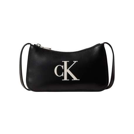 Sac noir uni à zip avec une bandoulière et un logo large blanc