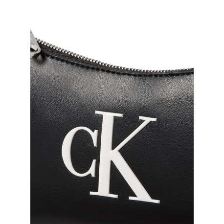Sac noir uni à zip avec une bandoulière et un logo large blanc - Image 2