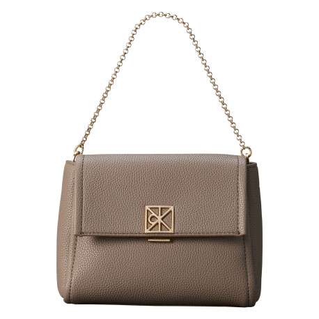 Sac taupe uni avec une bandoulière réglable et une anse en chaine dorée