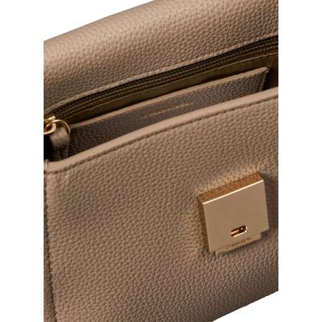 Sac taupe uni avec une bandoulière réglable et une anse en chaine dorée - Image 3