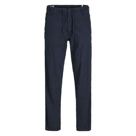 Pantalon chino marine en coton et lin mélangés pourvu d'un cordon de serrage