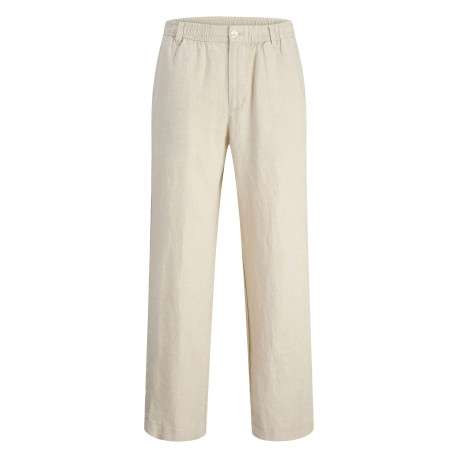 Pantalon chino beige en lin pourvu d'une taille élastiquée froncée