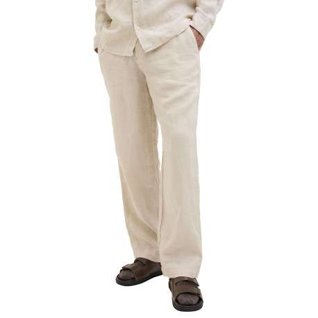 Pantalon chino beige en lin pourvu d'une taille élastiquée froncée - Image 3