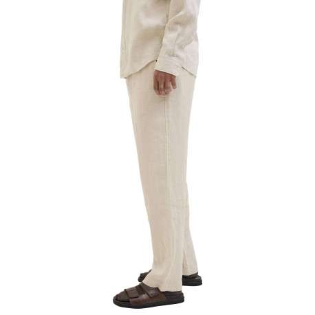 Pantalon chino beige en lin pourvu d'une taille élastiquée froncée - Image 5