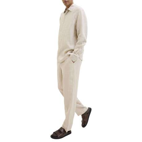 Pantalon chino beige en lin pourvu d'une taille élastiquée froncée - Image 6