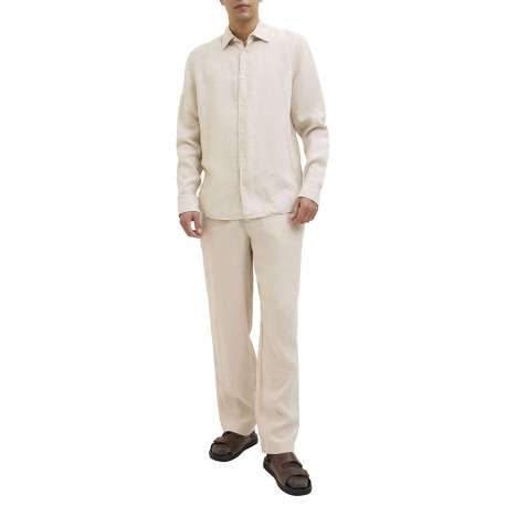 Pantalon chino beige en lin pourvu d'une taille élastiquée froncée - Image 8