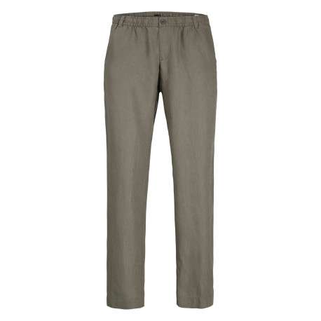 Pantalon chino kaki en lin pourvu d'une taille élastiquée froncée