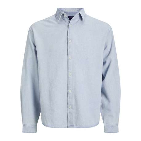 Chemise en coton bleue unie à coupe droite pourvue d'un col à revers