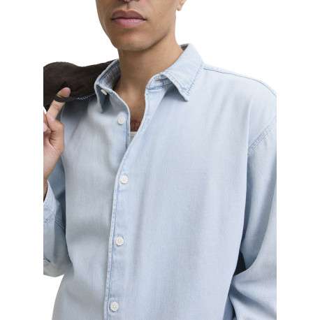 Chemise en coton bleue unie à coupe droite pourvue d'un col à revers - Image 5