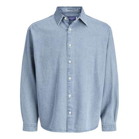 Chemise en coton bleue unie à coupe droite pourvue d'un col à revers