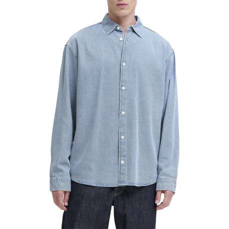 Chemise en coton bleue unie à coupe droite pourvue d'un col à revers - Image 3