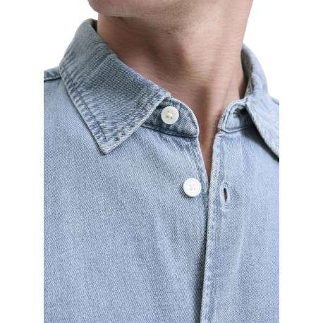 Chemise en coton bleue unie à coupe droite pourvue d'un col à revers - Image 5