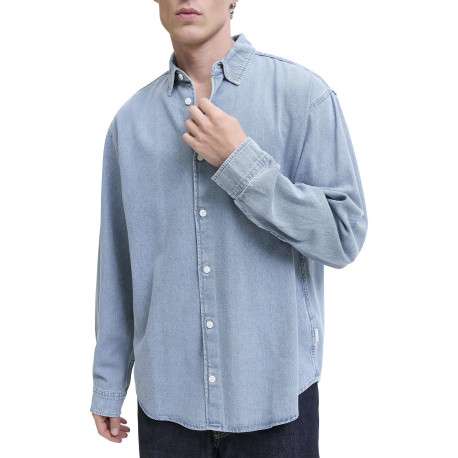 Chemise en coton bleue unie à coupe droite pourvue d'un col à revers - Image 6