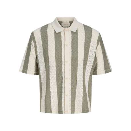 Polo kaki et blanc à coupe droite pourvu d'un col à revers et de manches courtes