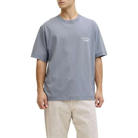 T-shirt en coton bleu imprimé à coupe droite pourvu d'un col rond