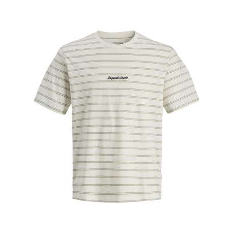 T-shirt en coton biologique beige à rayures pourvu d'un col rond