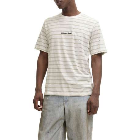T-shirt en coton biologique beige à rayures pourvu d'un col rond - Image 3