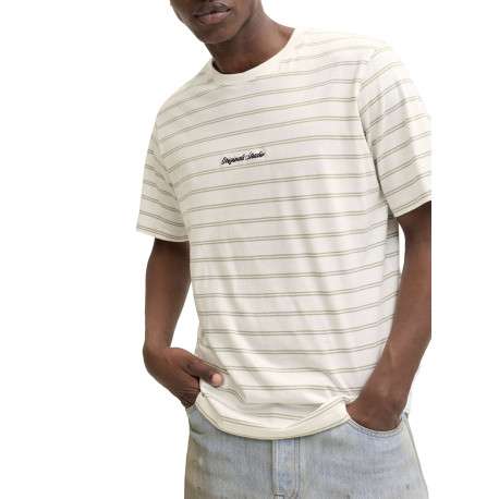 T-shirt en coton biologique beige à rayures pourvu d'un col rond - Image 5