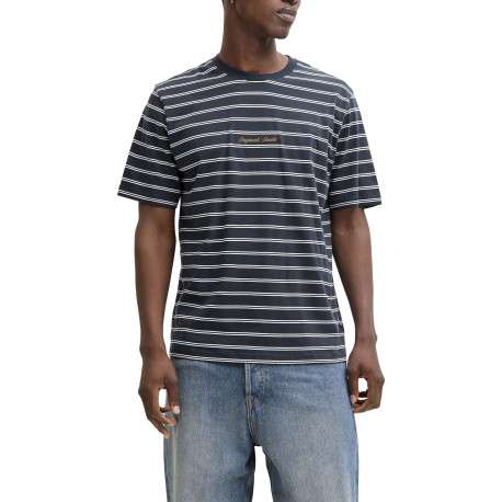 T-shirt en coton biologique marine à rayures pourvu d'un col rond