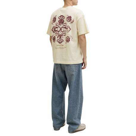T-shirt en coton beige imprimé à coupe droite pourvu d'un col rond - Image 4