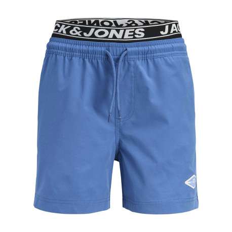 Short de bain bleu à coupe ajustée pourvu d'une ceinture élastiquée