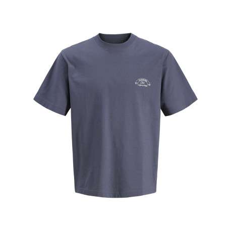 T-shirt en coton marine imprimé à coupe droite pourvu d'un col rond
