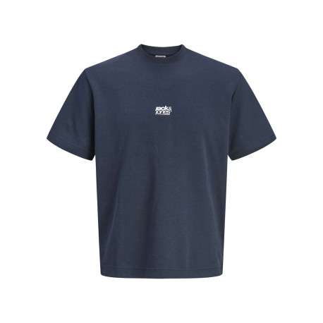 T-shirt marine imprimé à coupe droite pourvu d'un col rond et de manches courtes