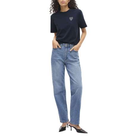 T-shirt en coton marine uni avec une coupe droite et un col rond - Image 4