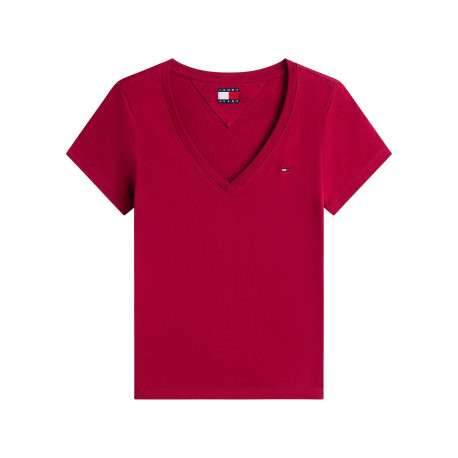 T-shirt en coton bordeaux uni avec une coupe ajustée et un col v