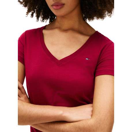 T-shirt en coton bordeaux uni avec une coupe ajustée et un col v - Image 5
