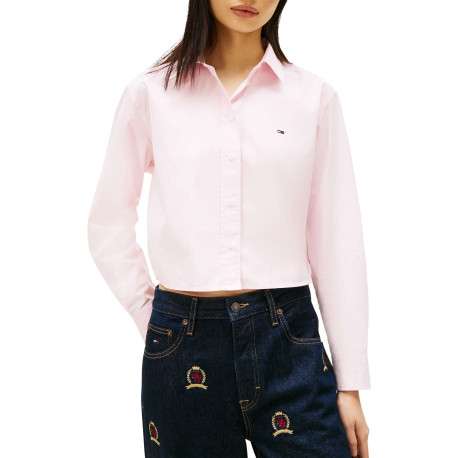 Chemisier en coton rose uni avec une coupe droite et un col à revers - Image 2