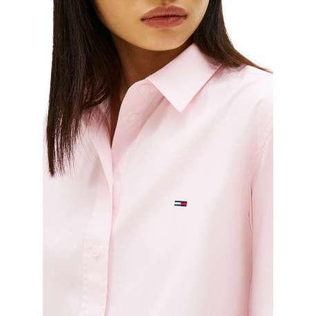 Chemisier en coton rose uni avec une coupe droite et un col à revers - Image 5