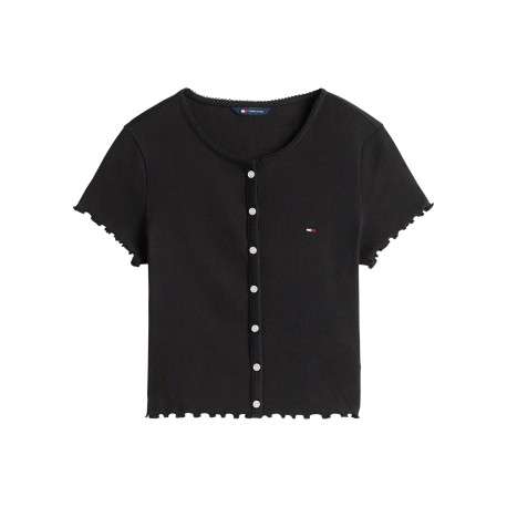 Top en coton noir uni avec une coupe droite et un col rond