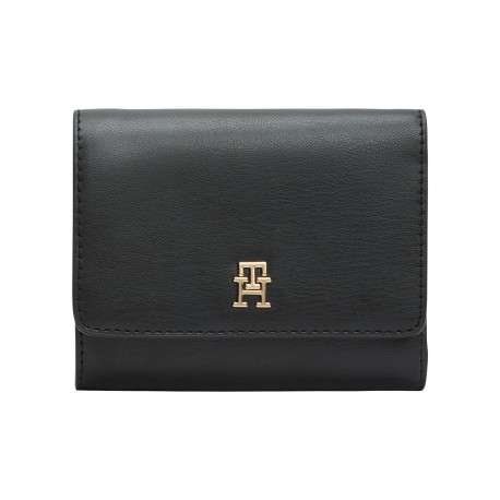 Portefeuille noir à rabat pourvu du logo de la marque en métal doré