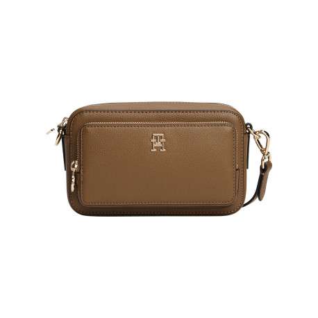 Sacoche marron pourvue d'une bandoulière amovible et du logo de la marque
