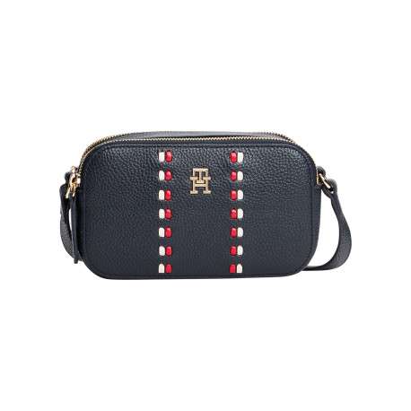 Sac à bandoulière marine aspect grainé pourvu de fermetures zippées