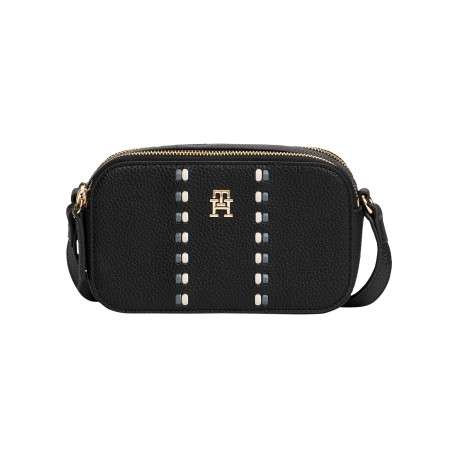 Sac à bandoulière noir aspect grainé pourvu de fermetures zippées