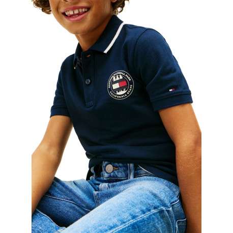 Polo en coton marine à coupe droite pourvu d'un col à revers boutonné - Image 4