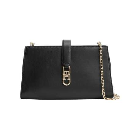 Sac à bandoulière noir pourvu d'un rabat aimanté avec le logo de la marque